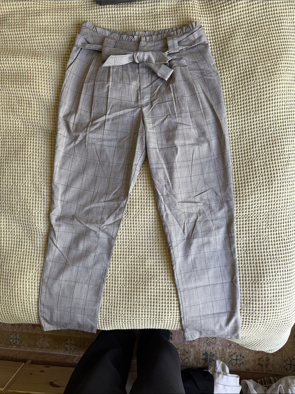 Forever 21 Gray Plaid Paperbag Waist Chinos with Tie Belt
